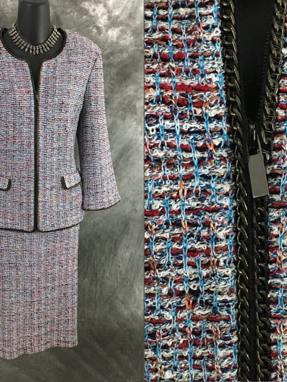 BEAUTIFUL st john knit Blue black multi jacket skirt suit size 12 14